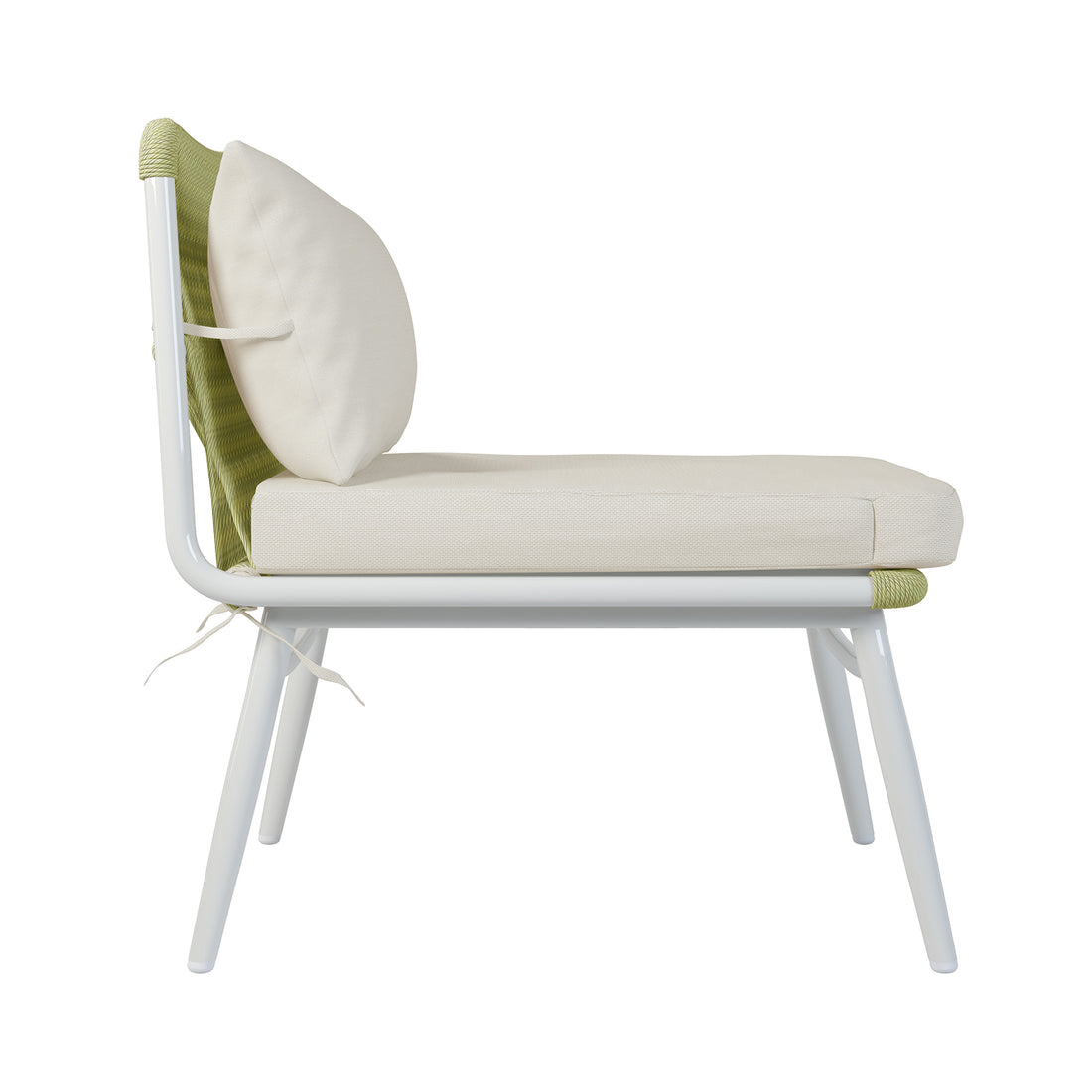 Side View of the Lowanna 4pc Aluminium Rope Wicker Outdoor Lounge Set, highlighting the white chair with a green cushion and intricate rope wicker design, emphasizing its stylish and durable outdoor appeal.