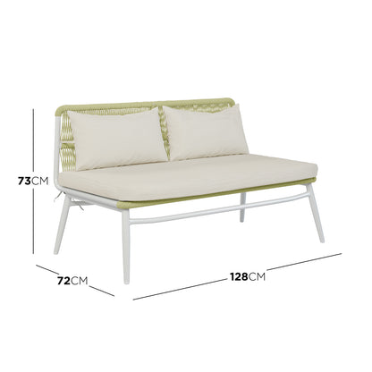 Dimension of the Lowanna 4pc Aluminium Rope Wicker Outdoor Lounge Set Mint Green, highlighting the durable rope wicker on a cushion and a bed, emphasizing its stylish and inviting outdoor seating design.
