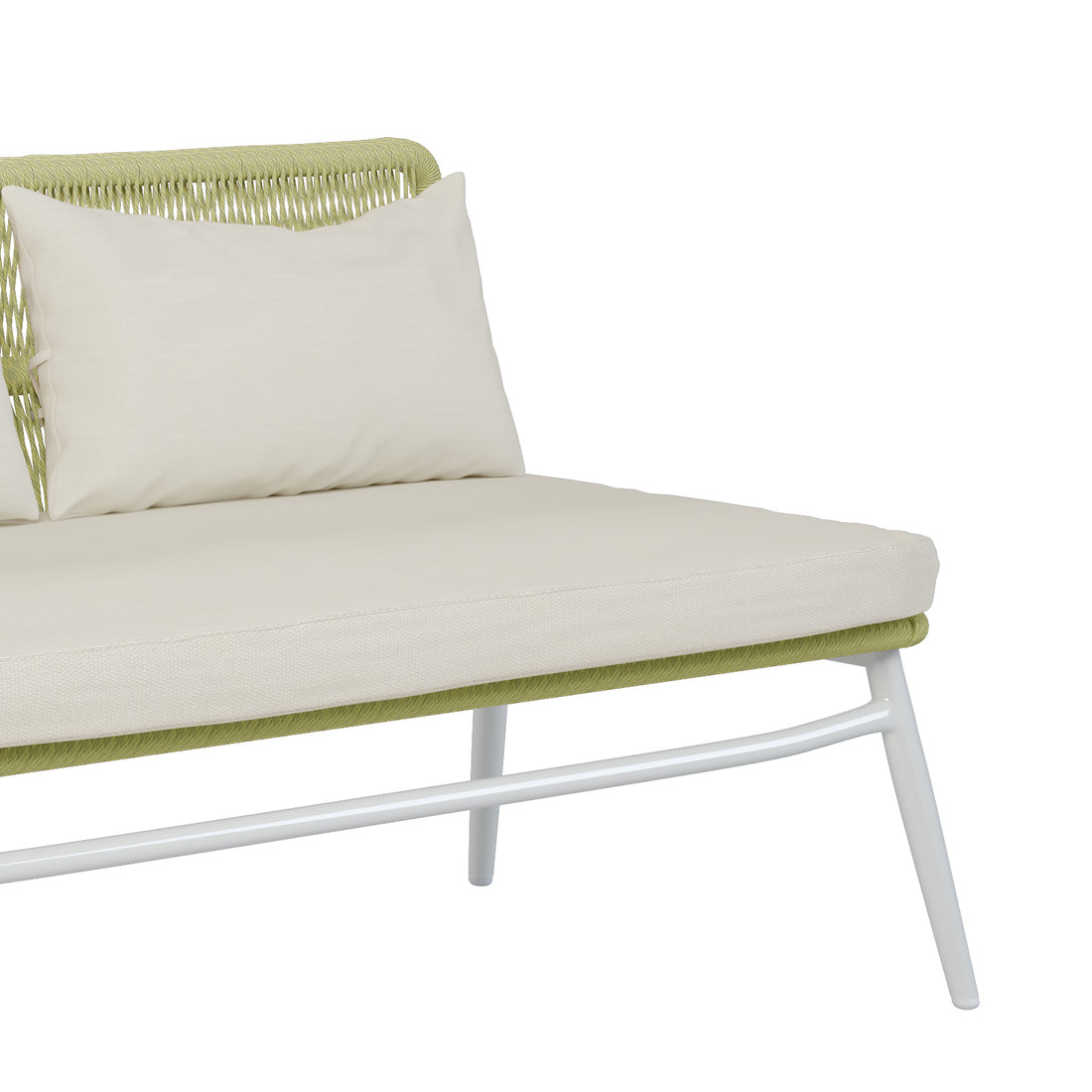 Lowanna 4pc Aluminium Rope Wicker Outdoor Lounge Set featuring a white pillow on a chair, emphasizing comfort and stylish design suitable for enhancing outdoor spaces.