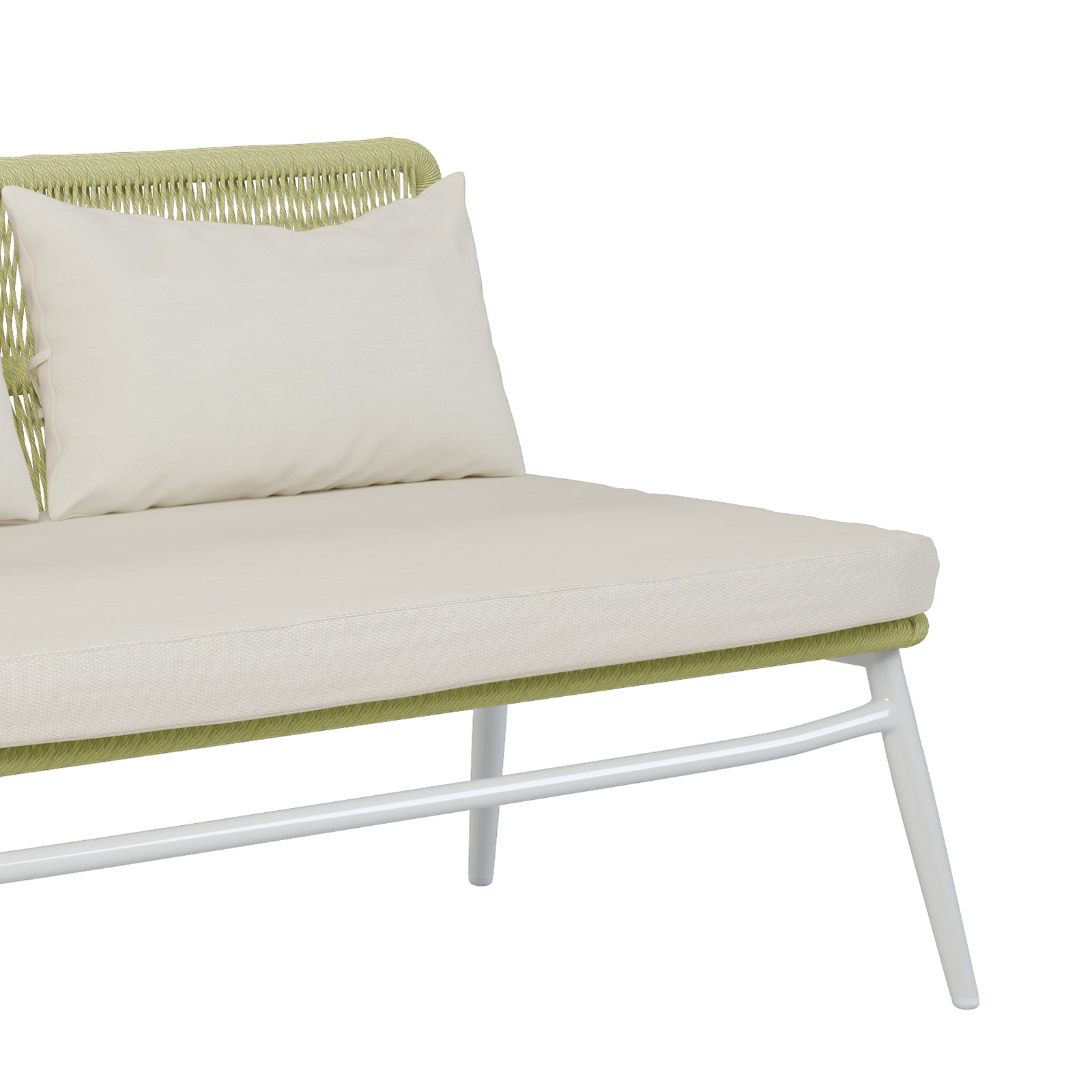 Lowanna 4pc Aluminium Rope Wicker Outdoor Lounge Set featuring a white pillow on a chair, emphasizing comfort and stylish design suitable for enhancing outdoor spaces.