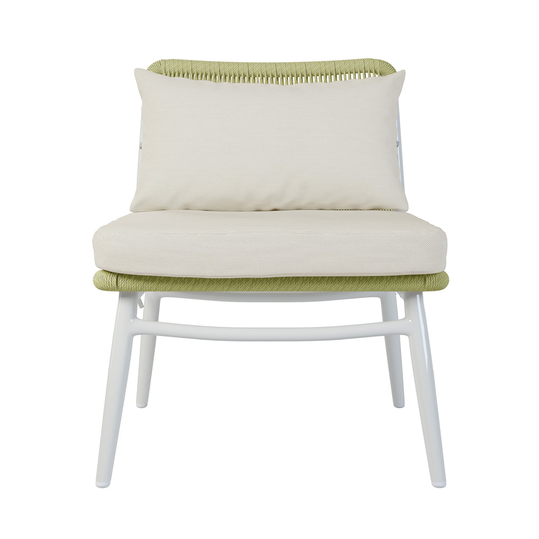 Lowanna 4pc Aluminium Rope Wicker Outdoor Lounge Set Mint Green features a white chair with a visible green cushion, highlighting its comfortable design and sturdy construction suitable for outdoor relaxation.