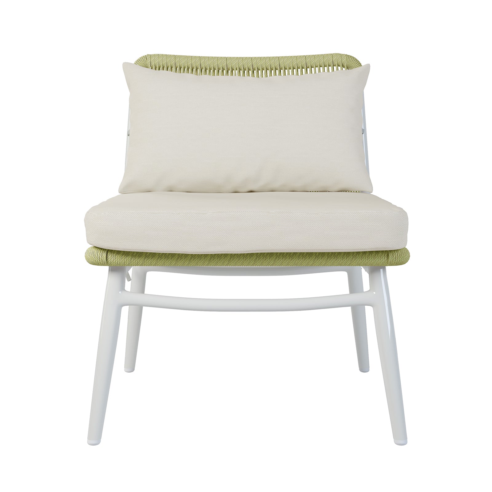 Lowanna 4pc Aluminium Rope Wicker Outdoor Lounge Set Mint Green features a white chair with a visible green cushion, highlighting its comfortable design and sturdy construction suitable for outdoor relaxation.