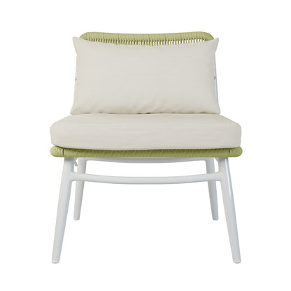 Lowanna 4pc Aluminium Rope Wicker Outdoor Lounge Set Mint Green features a white chair with a visible green cushion, highlighting its comfortable design and sturdy construction suitable for outdoor relaxation.