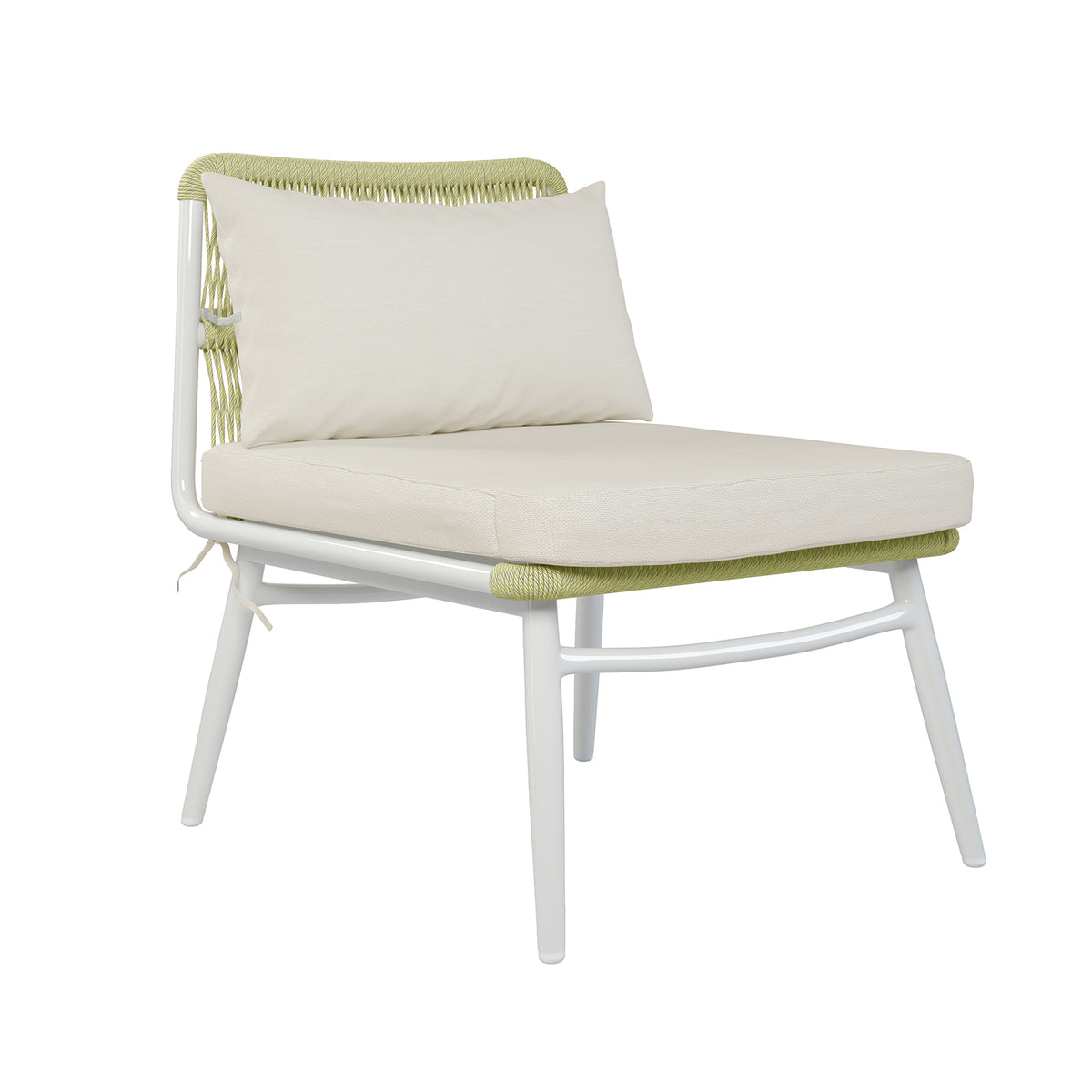 Lowanna 4pc Aluminium Rope Wicker Outdoor Lounge Set Mint Green, featuring a white chair with a green cushion and visible chair legs, designed for outdoor relaxation with durable materials.