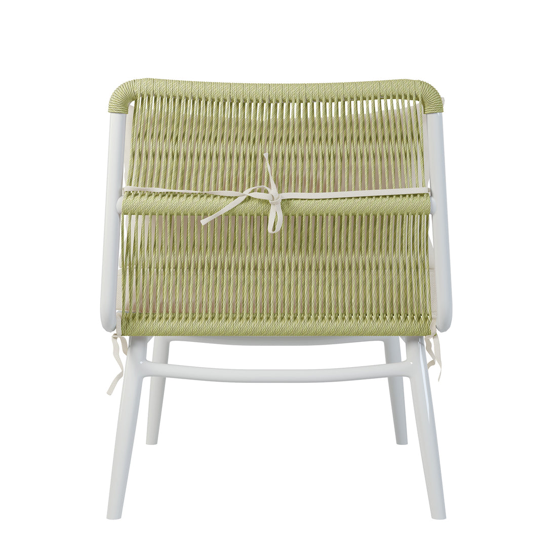 Back view of the Lowanna 4pc Aluminium Rope Wicker Outdoor Lounge Set, highlighting the mint green wicker and white legs of the chair, showcasing the intricate rope wicker detailing.