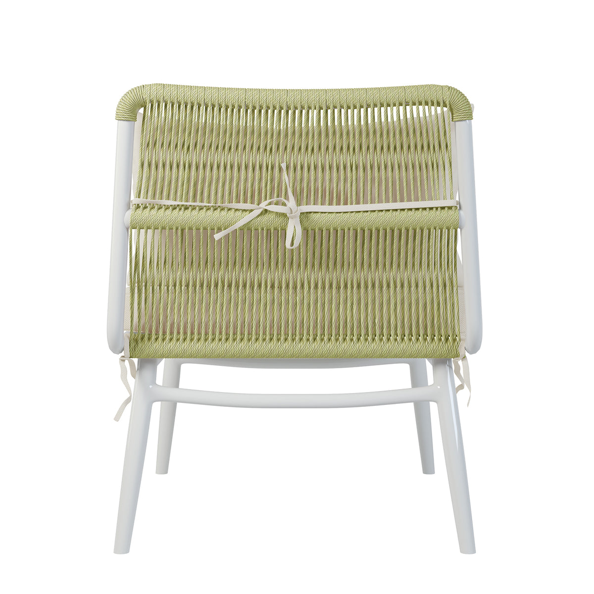 Back view of the Lowanna 4pc Aluminium Rope Wicker Outdoor Lounge Set, highlighting the mint green wicker and white legs of the chair, showcasing the intricate rope wicker detailing.