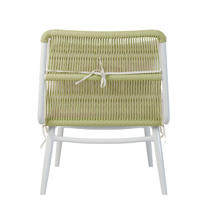 Back view of the Lowanna 4pc Aluminium Rope Wicker Outdoor Lounge Set, highlighting the mint green wicker and white legs of the chair, showcasing the intricate rope wicker detailing.