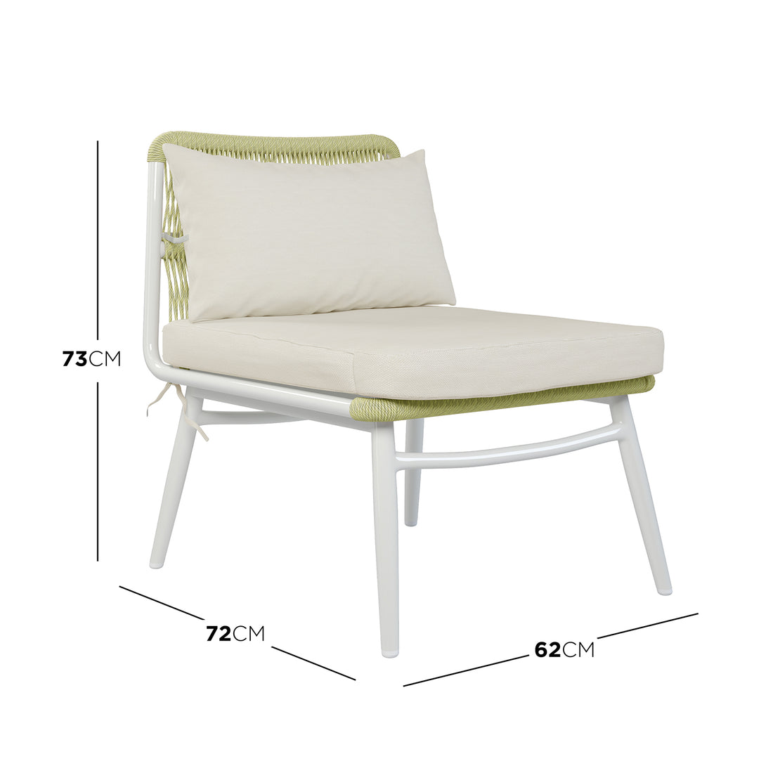 Dimension of the  Lowanna 4pc Aluminium Rope Wicker Outdoor Lounge Set Mint Green featuring a white pillow on a chair, highlighting its comfortable and elegant design perfect for enhancing any outdoor living space.