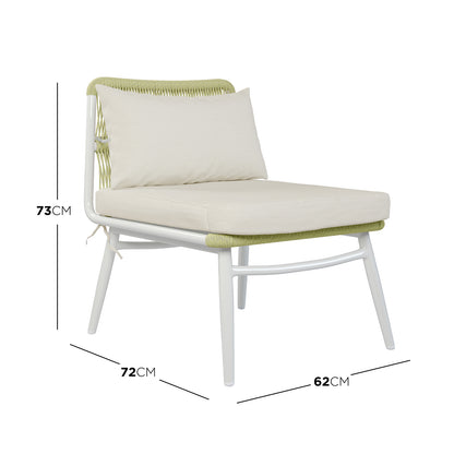 Dimension of the  Lowanna 4pc Aluminium Rope Wicker Outdoor Lounge Set Mint Green featuring a white pillow on a chair, highlighting its comfortable and elegant design perfect for enhancing any outdoor living space.