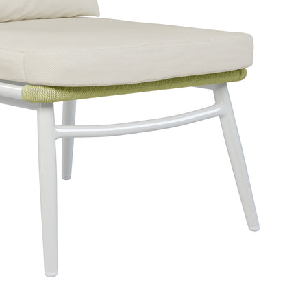 Close-up of Lowanna 4pc Aluminium Rope Wicker Outdoor Lounge Set Mint Green, showcasing a white chair with a green cushion, emphasizing its stylish design and comfortable, weather-resistant materials for outdoor use.