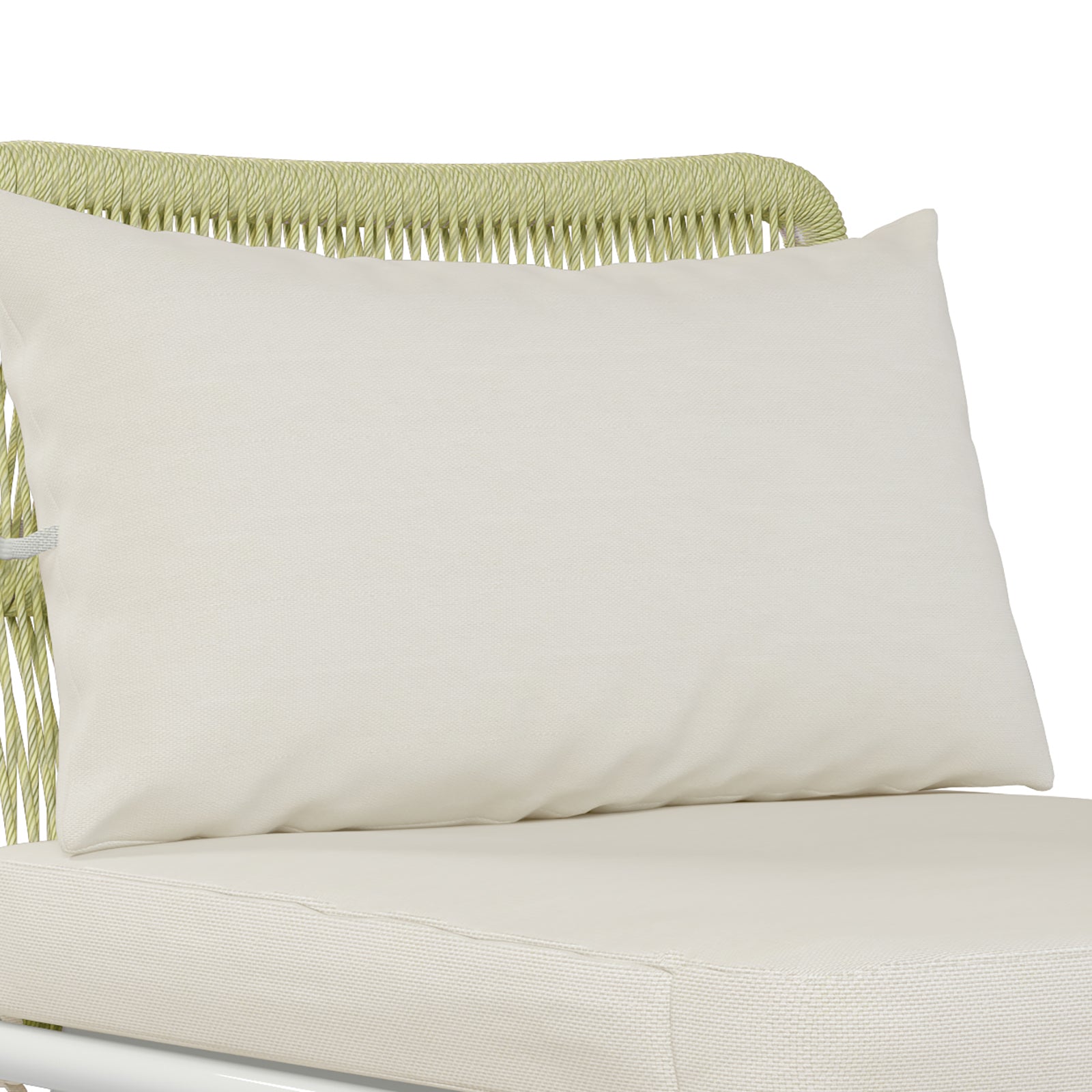 Lowanna 4pc Aluminium Rope Wicker Outdoor Lounge Set Mint Green featuring a white pillow on a chair, showcasing durable rope wicker and cozy cushions for a stylish outdoor relaxation area.
