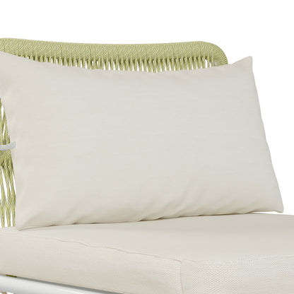 Lowanna 4pc Aluminium Rope Wicker Outdoor Lounge Set Mint Green featuring a white pillow on a chair, showcasing durable rope wicker and cozy cushions for a stylish outdoor relaxation area.