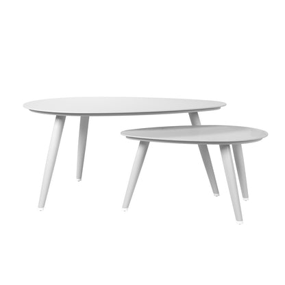 Lowanna 4pc Aluminium Rope Wicker Outdoor Lounge Set Mint Green showcasing a white table with slender legs, accentuating its sleek, modern design suitable for patio or garden settings.