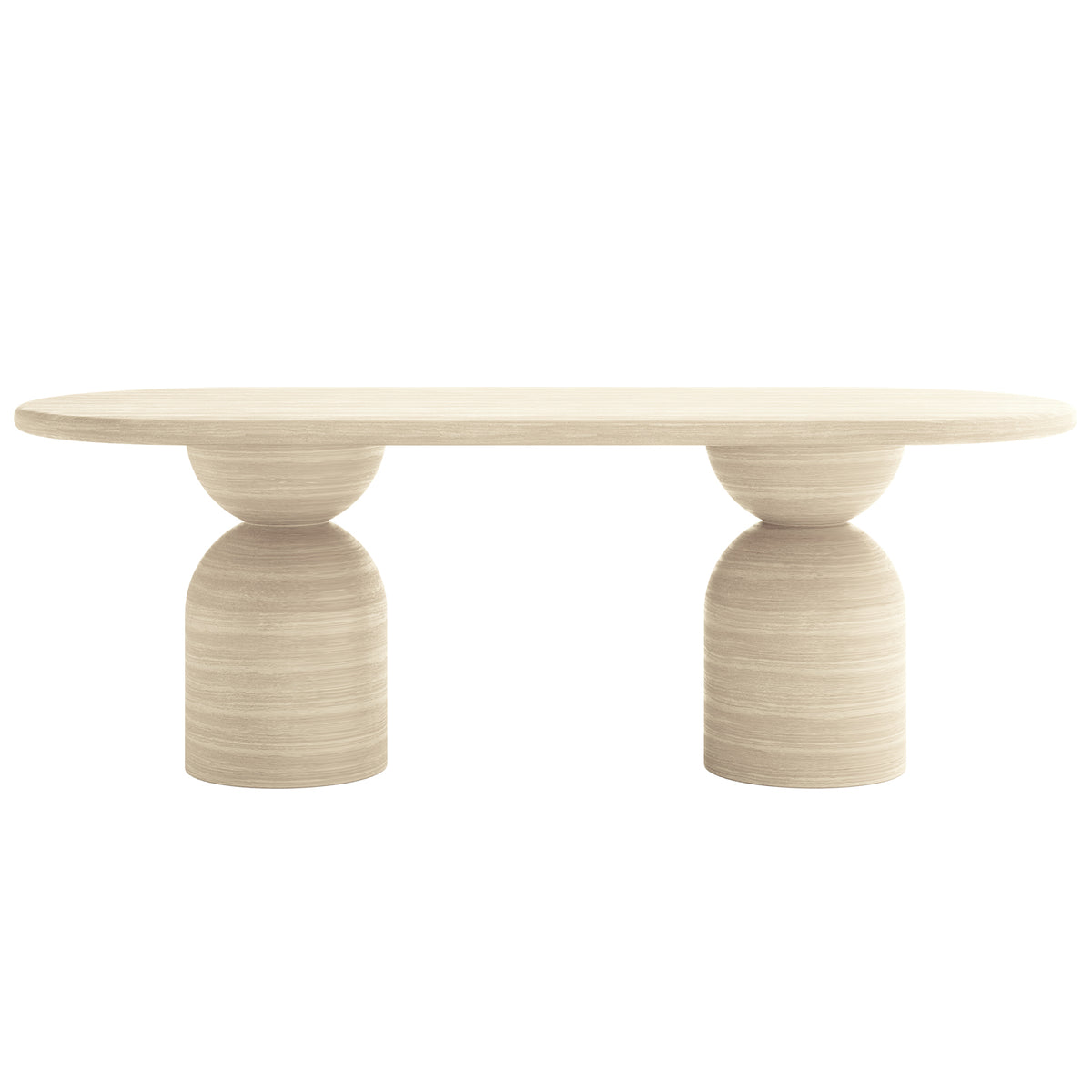 Close-up of Lumen Indoor/Outdoor Concrete Dining Table Set with Bench, showcasing the sleek, oval-shaped concrete table and bench with unique cone-shaped bases, emphasizing modern design and robust construction.