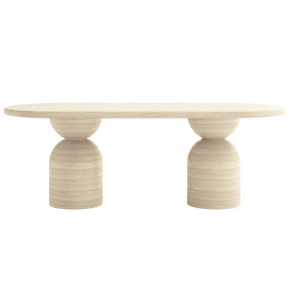 Close-up of Lumen Indoor/Outdoor Concrete Dining Table Set with Bench, showcasing the sleek, oval-shaped concrete table and bench with unique cone-shaped bases, emphasizing modern design and robust construction.