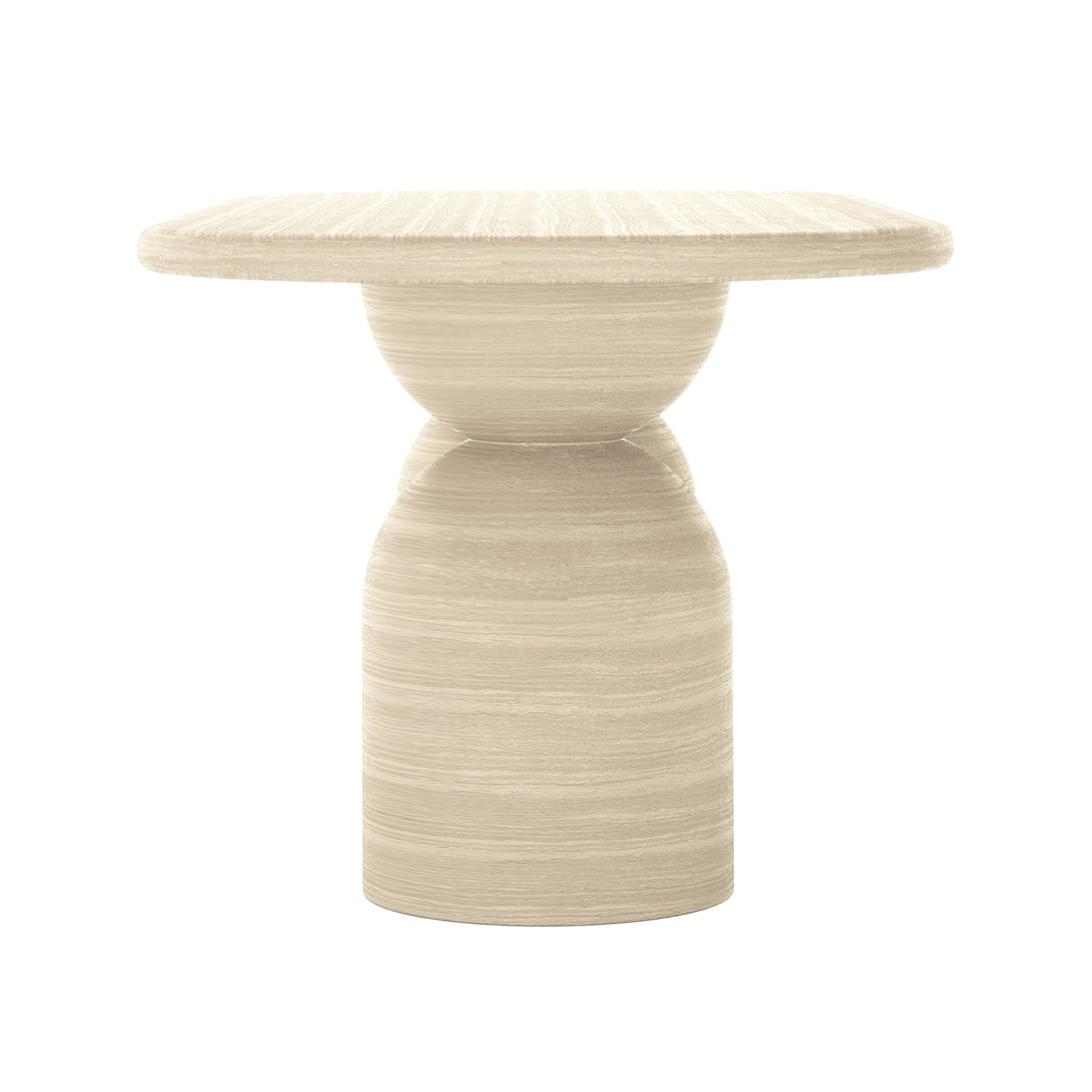 Lumen Indoor/Outdoor Concrete Dining Table Set with Bench Beige, featuring an elegant oval shape and unique cone-shaped base, displayed on a white round-top table, emphasizing its modern design and stability.