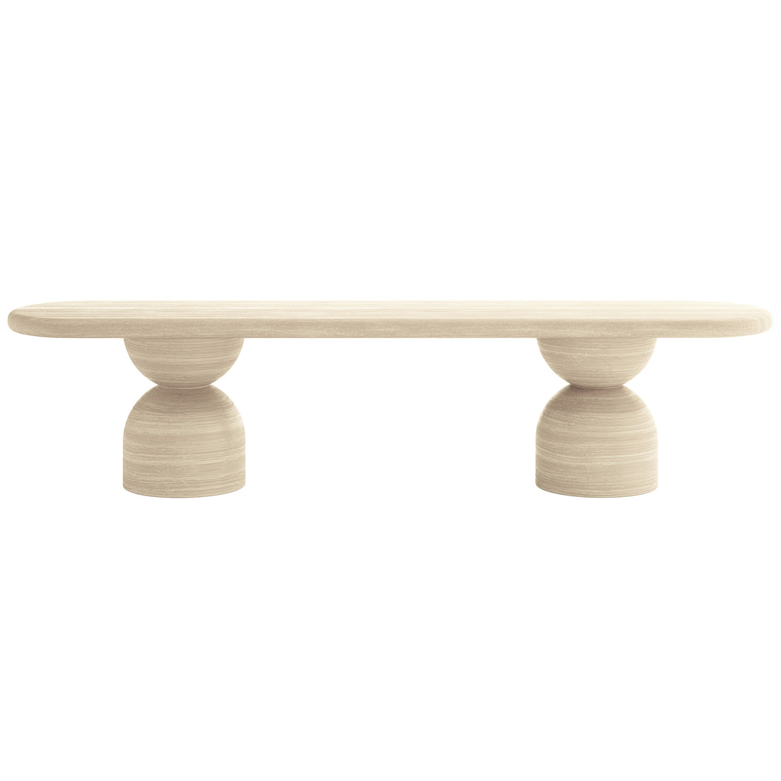 Close-up of the Lumen Indoor/Outdoor Concrete Dining Table Set with Bench Beige, showcasing its elegant oval shape and unique cone-shaped base, highlighting the robust construction and modern design.