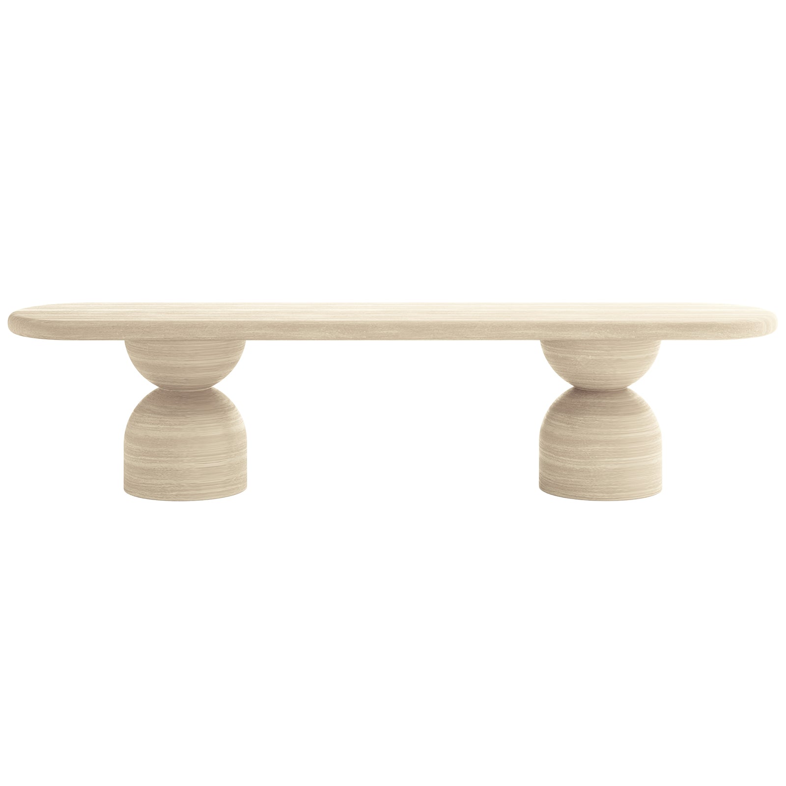 Close-up of the Lumen Indoor/Outdoor Concrete Dining Table Set with Bench Beige, showcasing its elegant oval shape and unique cone-shaped base, highlighting the robust construction and modern design.