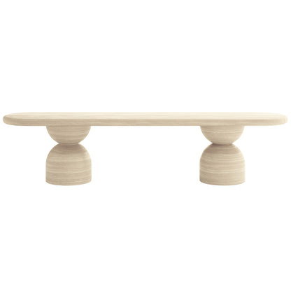 Close-up of the Lumen Indoor/Outdoor Concrete Dining Table Set with Bench Beige, showcasing its elegant oval shape and unique cone-shaped base, highlighting the robust construction and modern design.