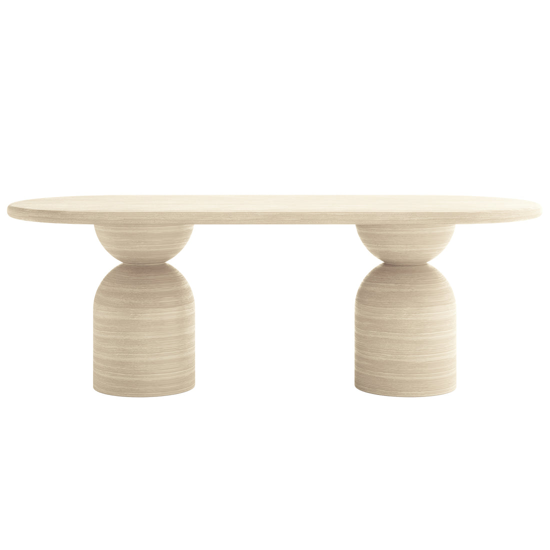 Lumen 220cm Oval Indoor/Outdoor Concrete Dining Table features a sleek oval shape with a distinctive cone-shaped base, highlighting its modern design and robust construction suitable for versatile indoor and outdoor use.