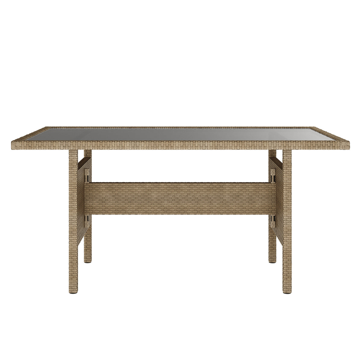 Mapa 7 Seater Wicker Outdoor Sofa Dining Set featuring a glass-topped table, woven mat details, and sturdy wicker construction, ideal for outdoor dining and gatherings.