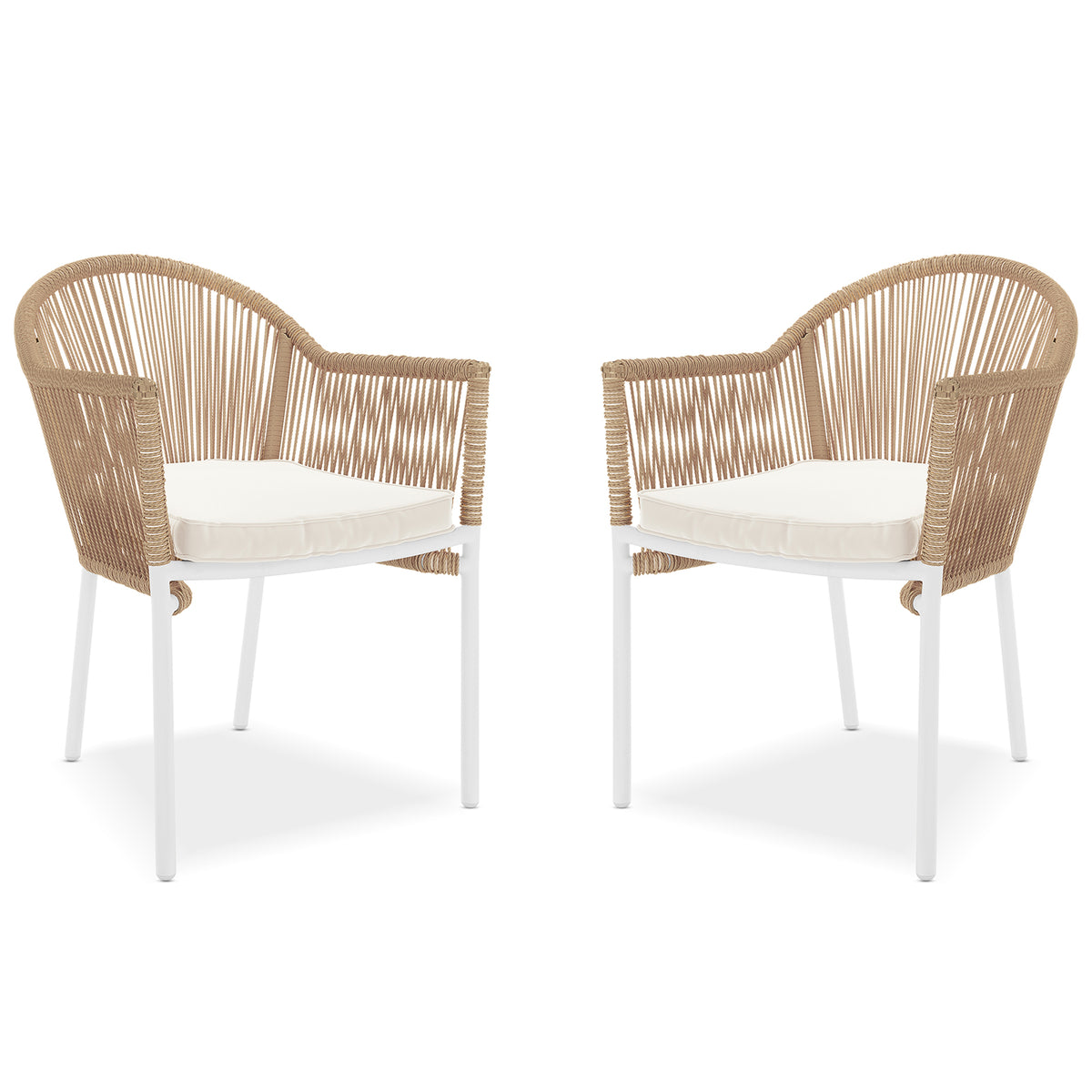 Mindanao PE Wicker Outdoor Dining Chair set features a close-up of wicker texture, cushioned seat, and armrests, highlighting its sturdy design and comfort-focused construction for versatile outdoor or indoor use.