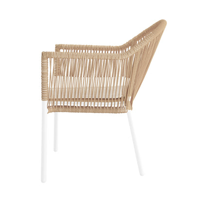 Mindanao PE Wicker Outdoor Dining Chair set features a close-up of woven wicker texture and armrests, highlighting its sturdy, weather-resistant design suitable for stylish outdoor dining settings.