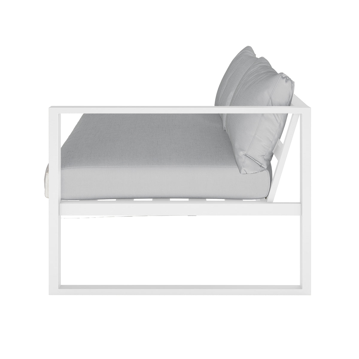 Moana 6 Seater Corner Outdoor Sofa Set in Light Grey features a sleek white metal frame with plush light-gray seat and back cushions, showcasing modern minimalist design for stylish outdoor lounging.
