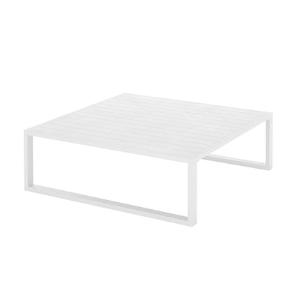 Moana 6-Seater Corner Outdoor Sofa Set in Light Grey features a square white coffee table with a slatted top and U-shaped legs, complementing the modular sofa's sleek, modern design.