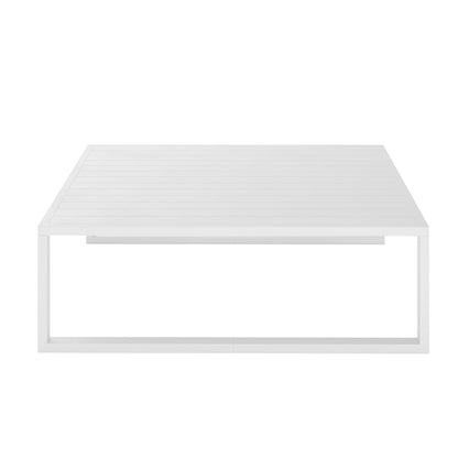 Moana 6-Seater Corner Outdoor Sofa Set in Light Grey, featuring a low, rectangular white coffee table with a slatted top and open rectangular frame. Ideal for spacious outdoor relaxation and entertaining.