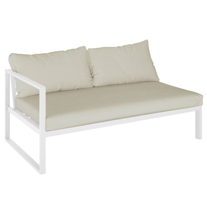 Moana 6-Seater Aluminium Outdoor Corner Sofa Lounge Set, featuring plush cushions and a sleek design, perfect for enhancing outdoor comfort and style. Close-up details highlight its luxurious seating arrangement.