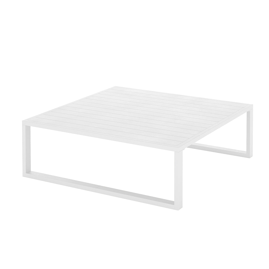 Moana 6 Seater Aluminium Outdoor Corner Sofa Lounge Set Sandy Beige featuring a white square table with metal legs, designed for comfortable outdoor seating and enhancing patio aesthetics.