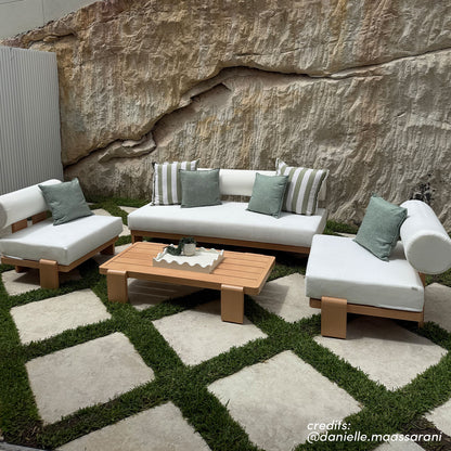 Modica 5 Seater Aluminium Outdoor Sofa Set in Black & Grey, showing a central sofa and two armless lounge chairs with white