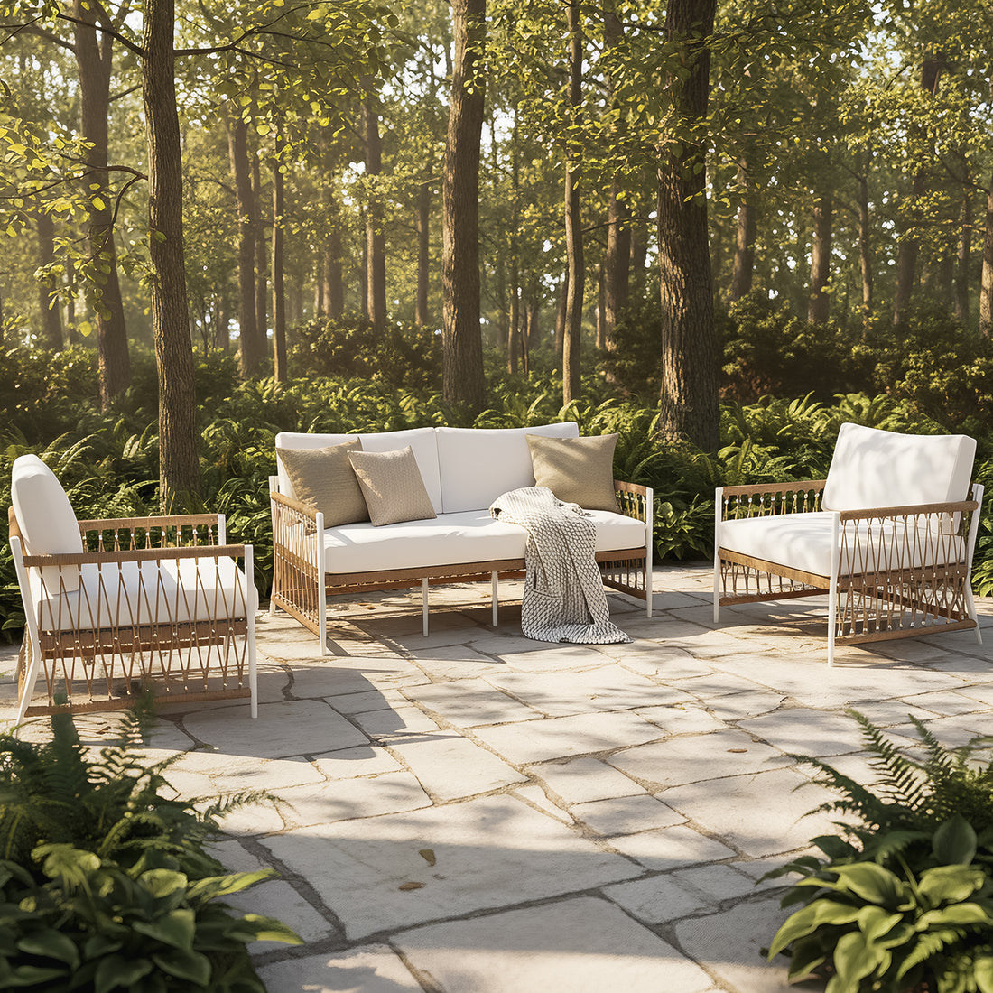 Nuevo 4 Seater Wicker Outdoor Lounge Set in Light Beige, featuring a two-seater sofa with white cushions and natural rope