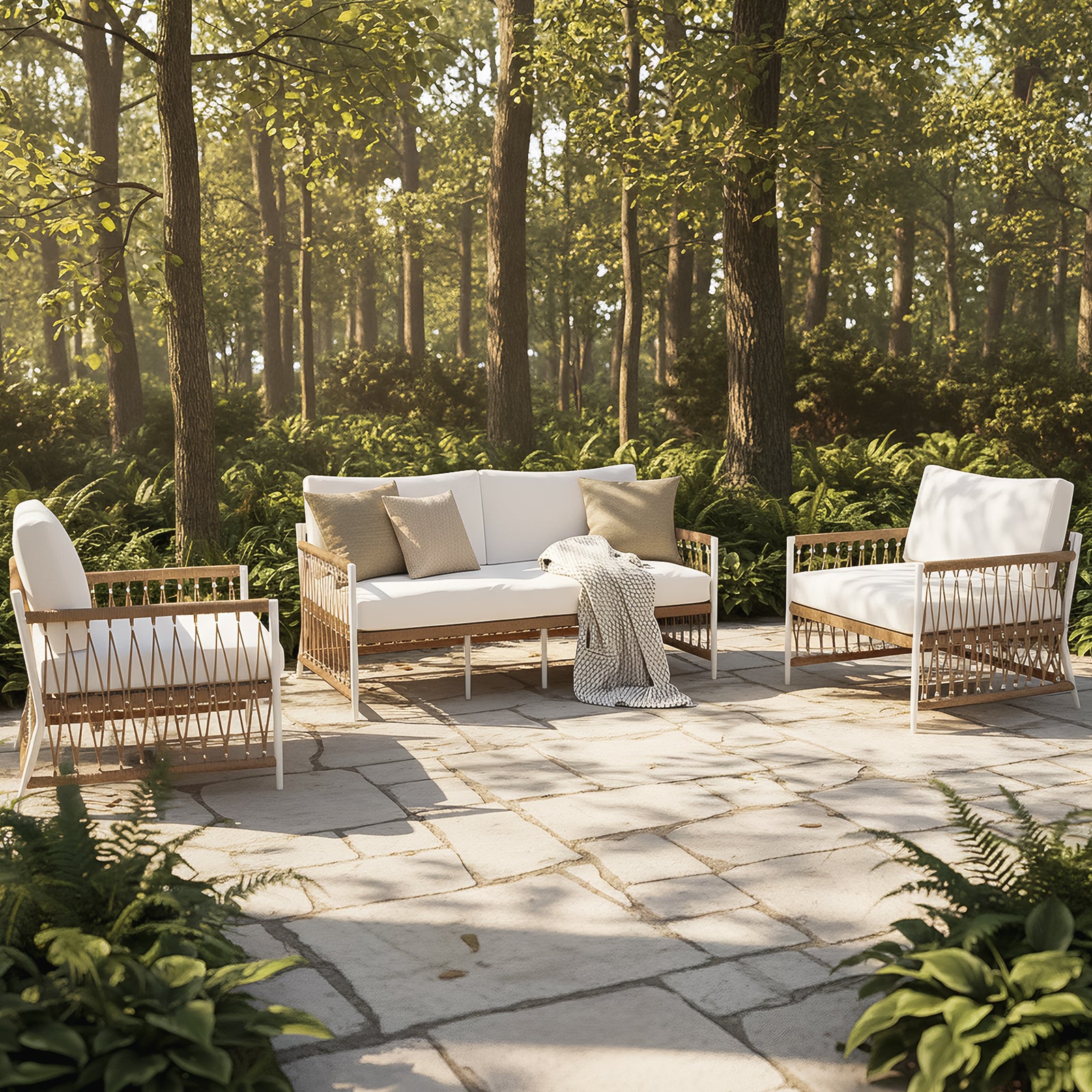 Nuevo 4 Seater Wicker Outdoor Lounge Set in Light Beige, featuring a two-seater sofa with white cushions and natural rope