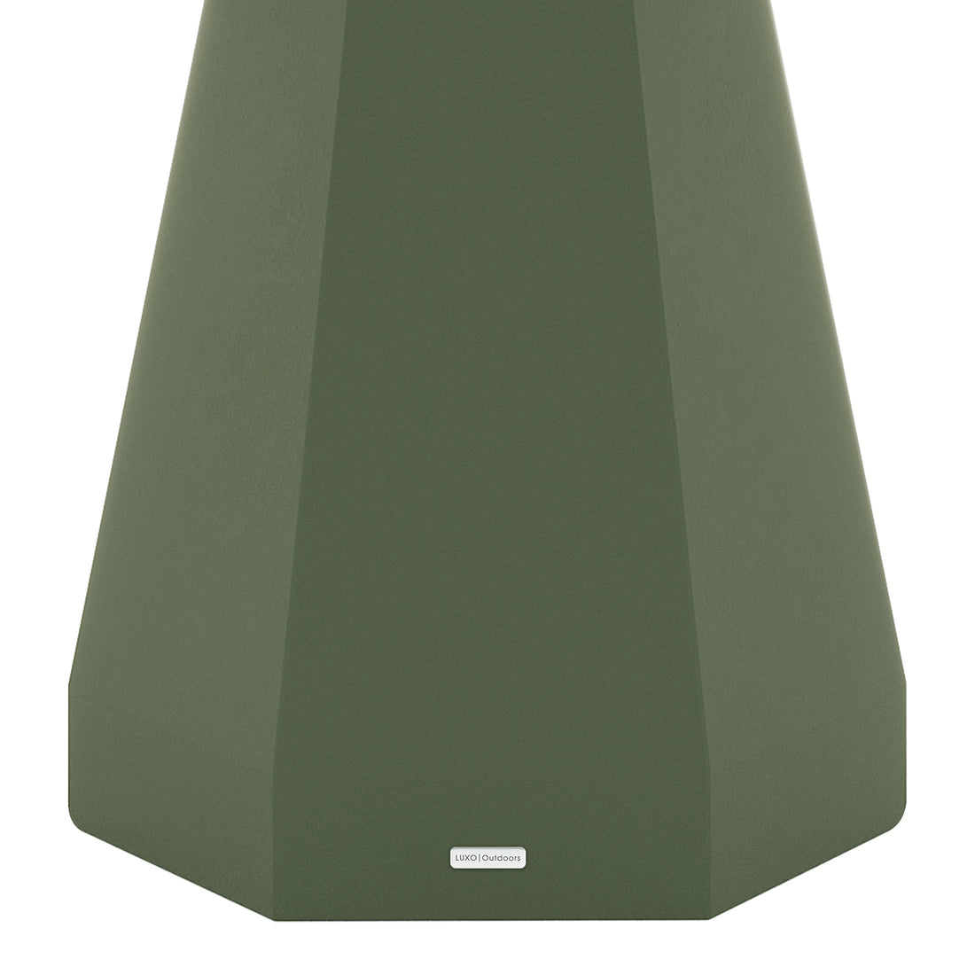 Close-up of the flared concrete base of the Orson dining table in green with a small "LUXO Outdoors" badge