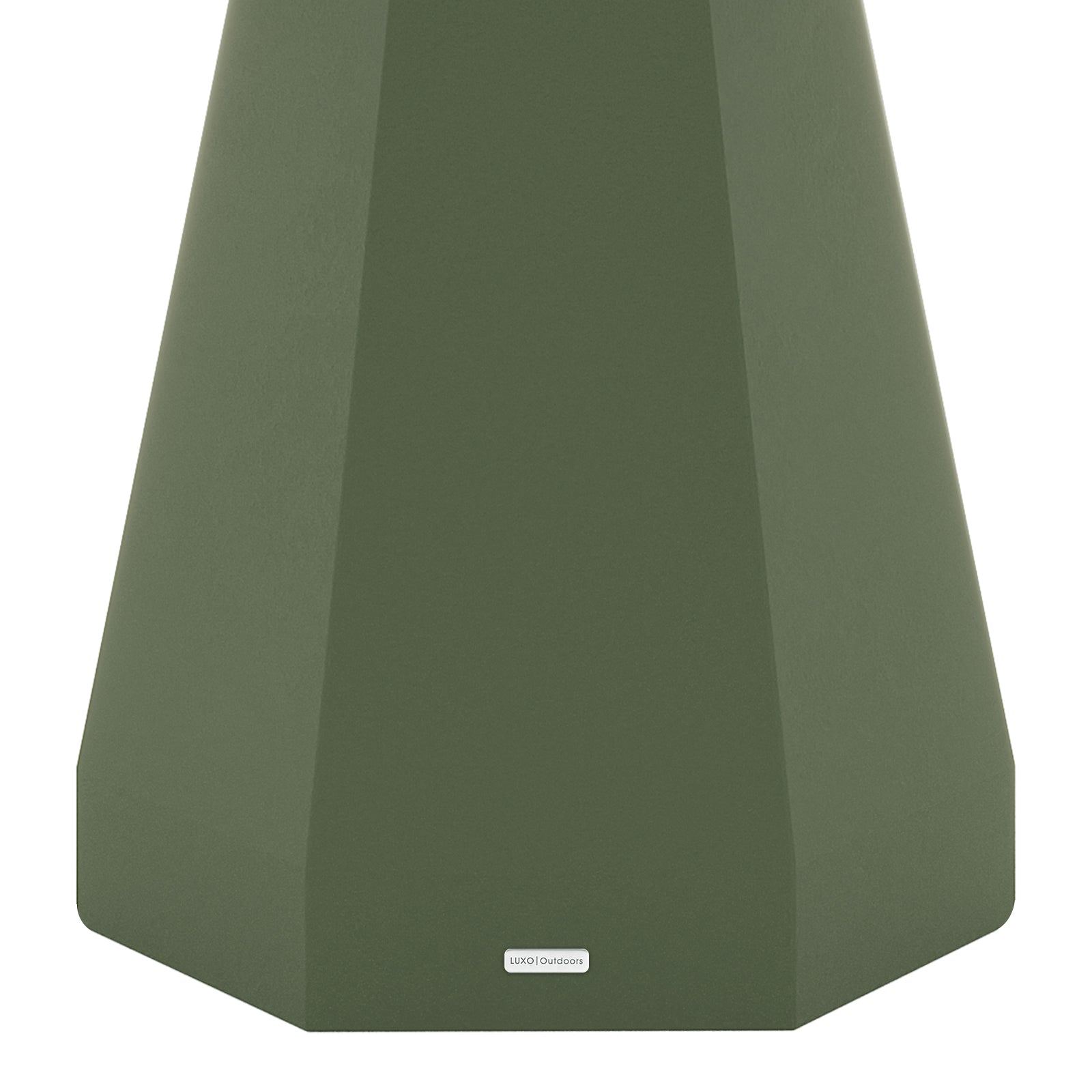 Close-up of the flared concrete base of the Orson dining table in green with a small "LUXO Outdoors" badge
