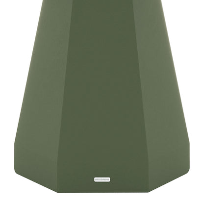 Close-up of the flared concrete base of the Orson dining table in green with a small "LUXO Outdoors" badge