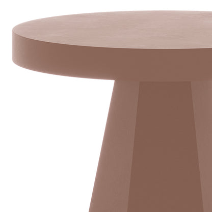 Close-up of the rounded edge and tapered pedestal base of the Orson 80cm Round Concrete Dining Table in Mocha Mousse