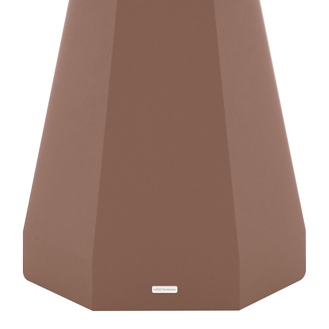 Close-up of the flared concrete base of the Orson dining table in Mocha Mousse, featuring a small "LUXO Outdoors" badge