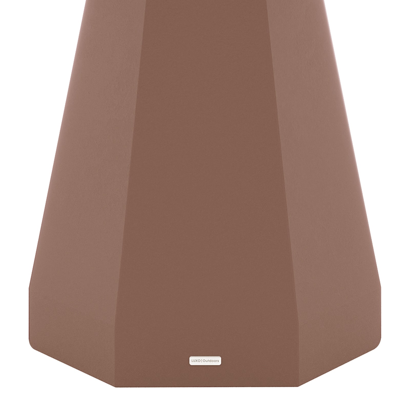 Close-up of the flared concrete base of the Orson dining table in Mocha Mousse, featuring a small "LUXO Outdoors" badge