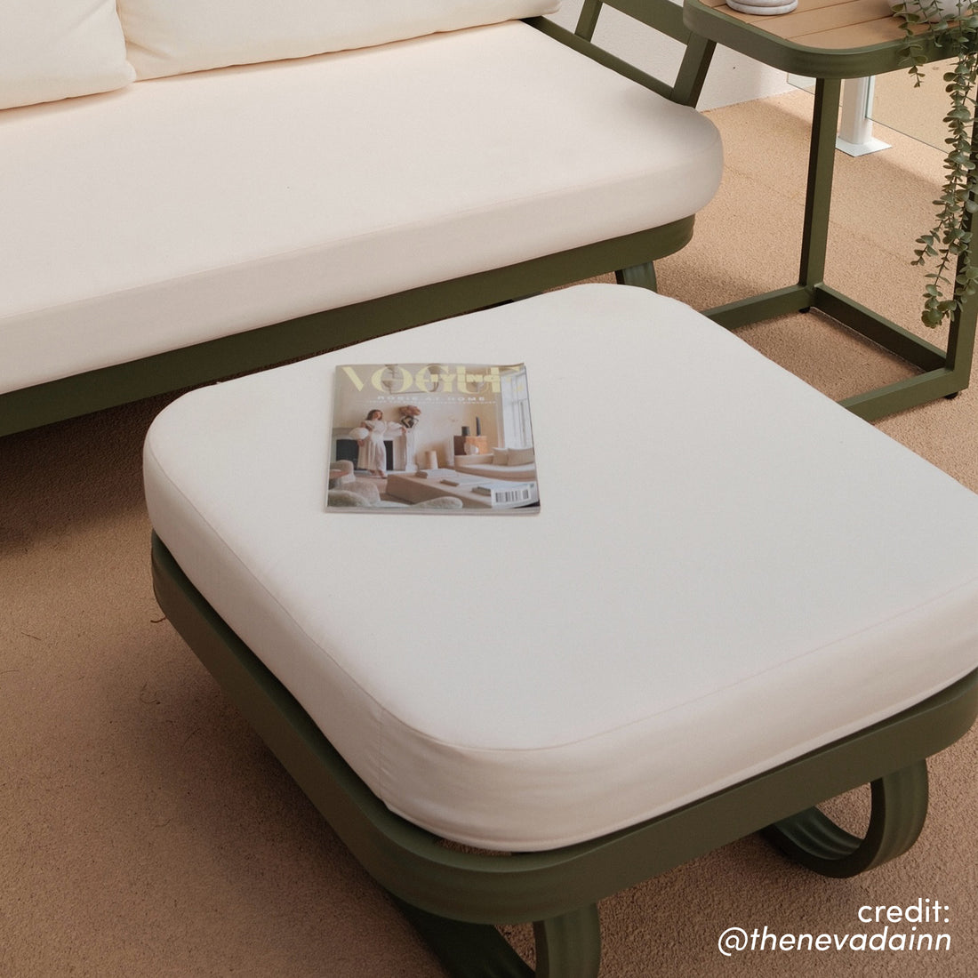 Paloma Modular Outdoor Lounge Set in Olive Green with cream ottoman and matching side table