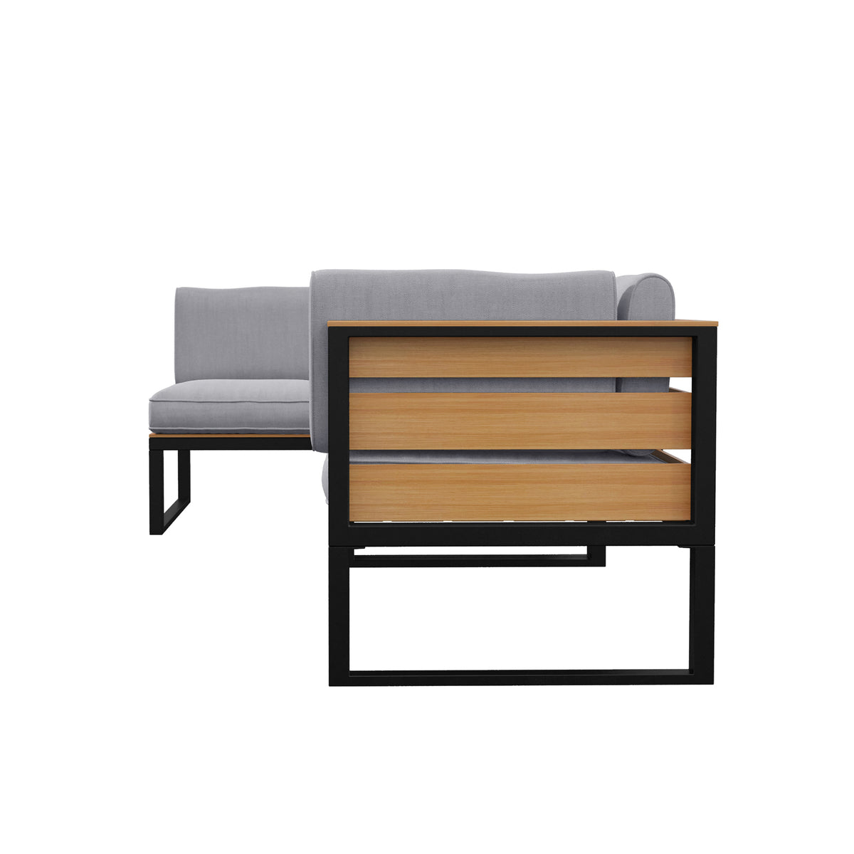 Panaluu 5 Seater Aluminium Corner Outdoor Lounge in Grey, featuring a light-gray upholstered L-shaped module with a black metal frame and natural wooden slats, perfect for stylish outdoor seating.
