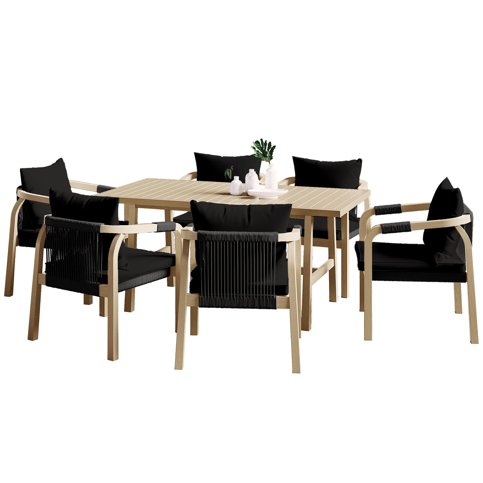 Pangee 6-Seater Timber Outdoor Dining Set with chairs arranged around a table, featuring elegant curves and webbed seating, complemented by a plant in a vase, perfect for stylish alfresco dining.