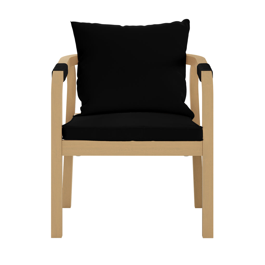 Pangee 6-Seater Timber Outdoor Dining Set Black shown with a black pillow on a chair, highlighting the modern Mediterranean design and soft webbed seating for comfort.
