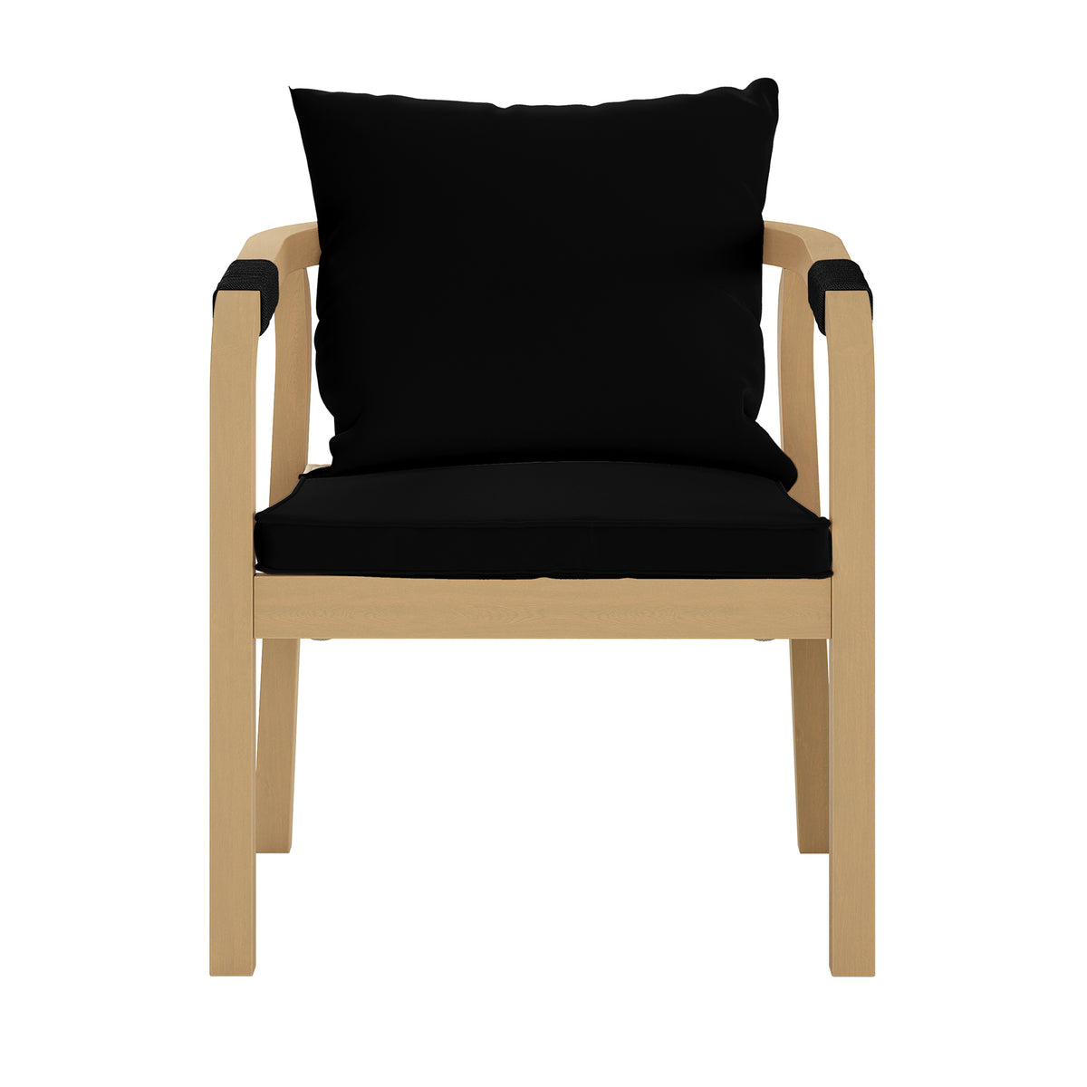 Pangee 6-Seater Timber Outdoor Dining Set Black shown with a black pillow on a chair, highlighting the modern Mediterranean design and soft webbed seating for comfort.