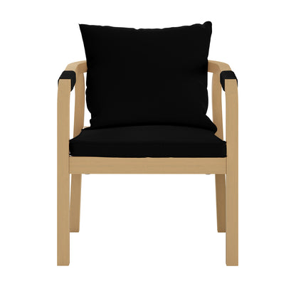 Pangee 6-Seater Timber Outdoor Dining Set Black shown with a black pillow on a chair, highlighting the modern Mediterranean design and soft webbed seating for comfort.