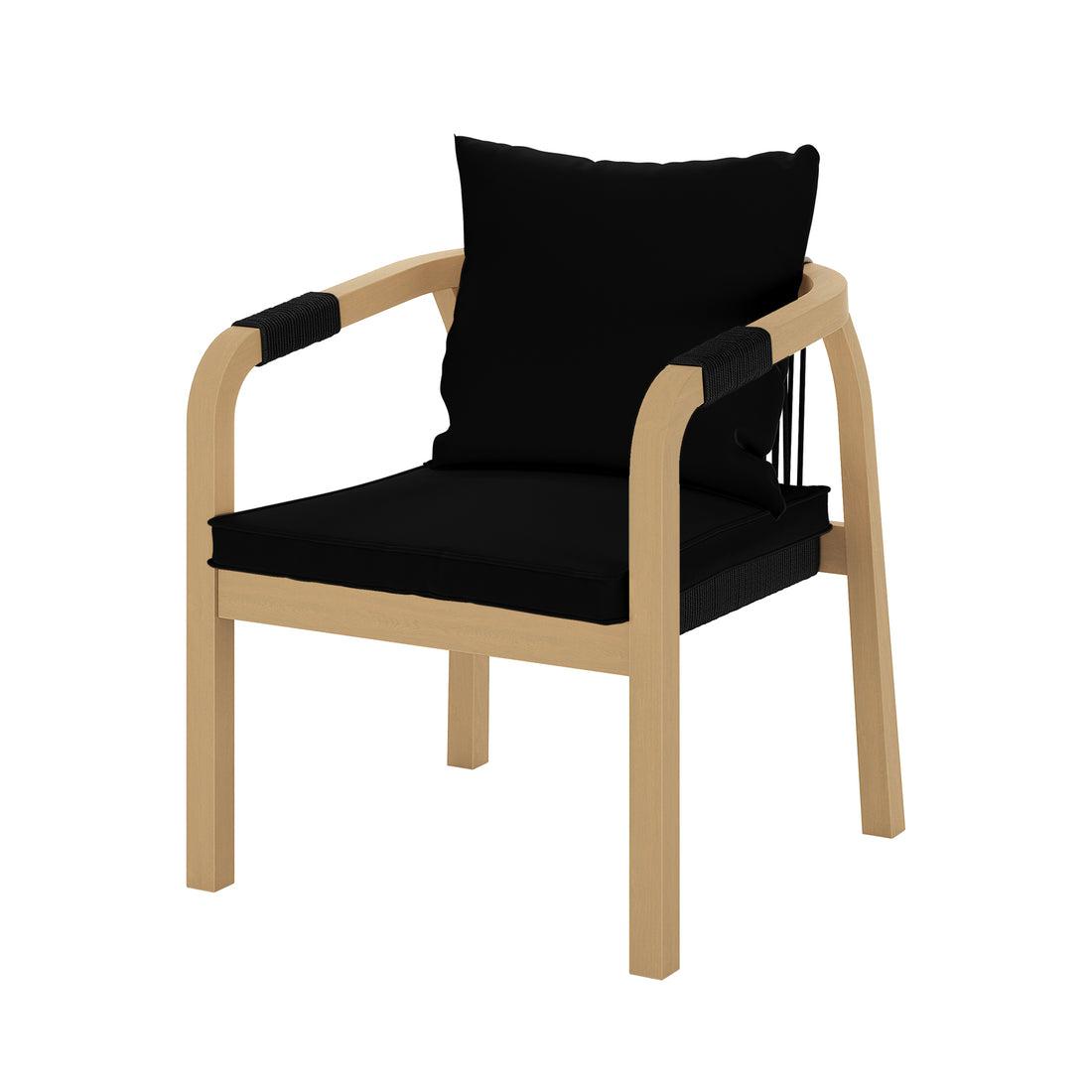 Pangee 6-Seater Timber Outdoor Dining Set Black features a black cushioned chair with wooden armrests, showcasing a stylish Mediterranean design perfect for outdoor dining.