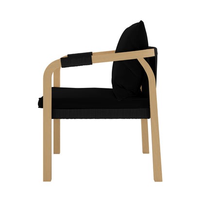 Pangee 6-Seater Timber Outdoor Dining Set Black featuring elegant curves, comfortable soft webbed seating, and durable acacia wood chairs with UV-resistant rope accents, perfect for stylish outdoor dining.