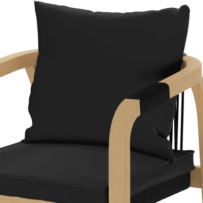 Pangee 6-Seater Timber Outdoor Dining Set Black features a black pillow on a chair, highlighting the set's stylish Mediterranean design and comfortable seating, perfect for enhancing any outdoor space.